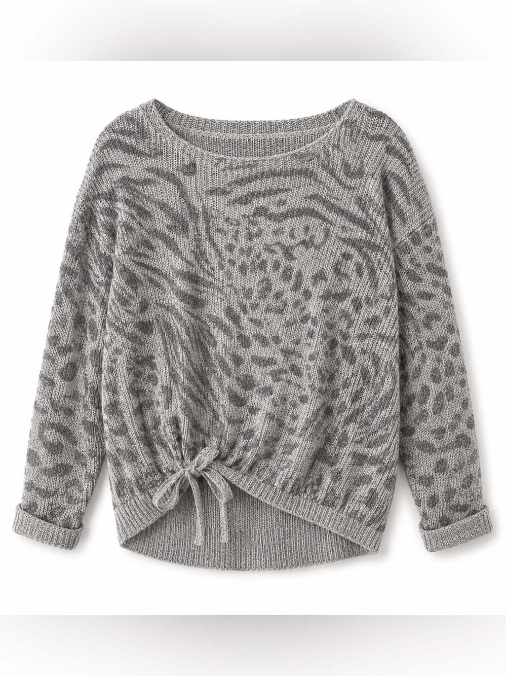 Vintage Havana Gray Animal-Print Scoop-Neck Sweater with Tie Hem